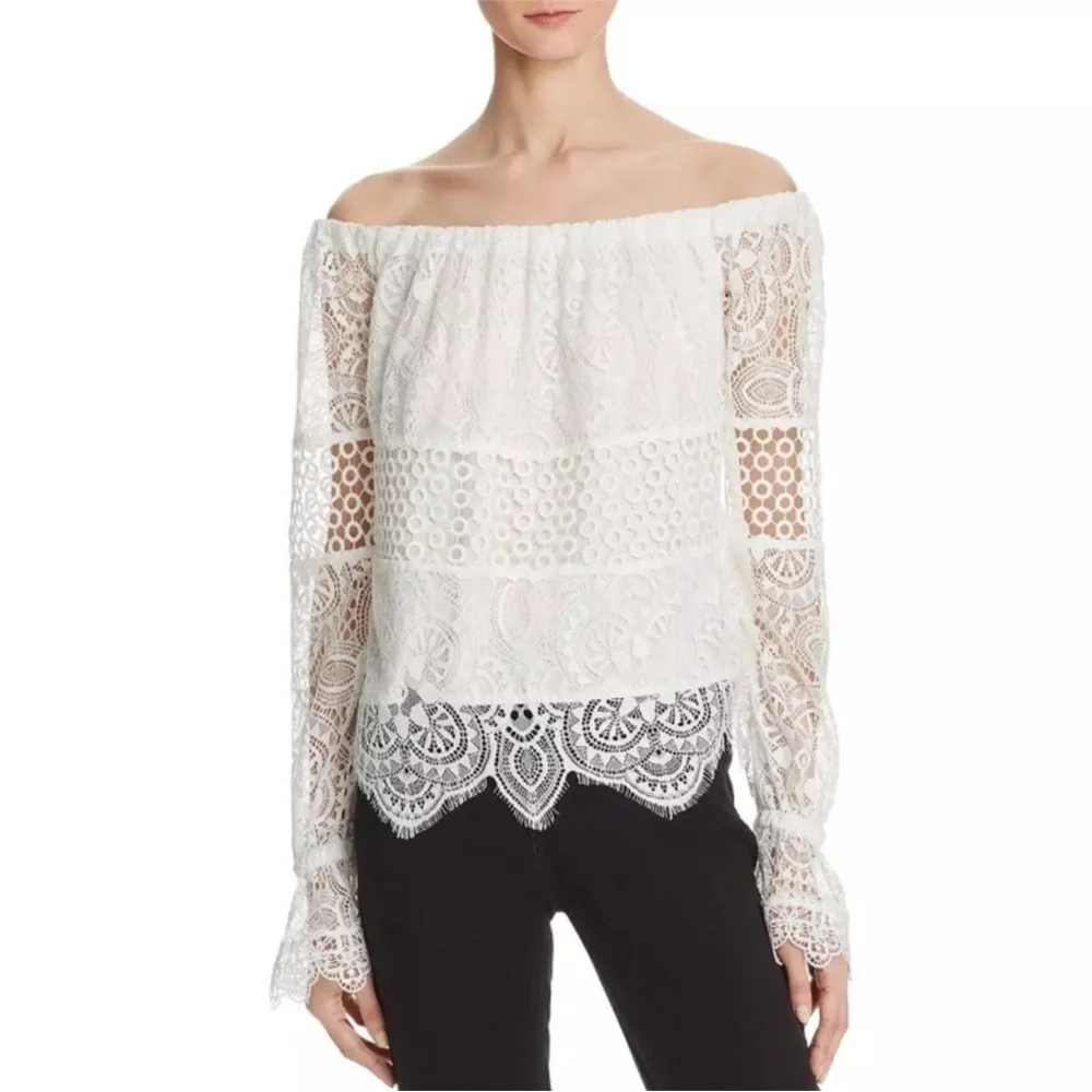 Kendall + Kylie Off The Shoulder Lace Top Crochet White Blouse Top Bell Sleeve